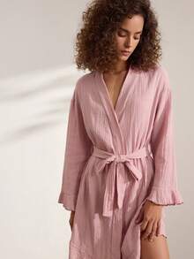 Ocili Comfortable Pure Cotton Soft Mesh Double Layer Robe Women's Loungewear Long Robe With Frill Trim - Pink - View 5