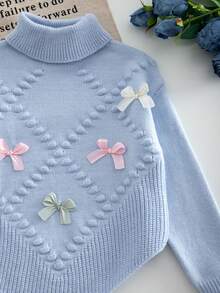 SHEIN Vintaside Kids 女童針織毛衣套裝，休閒時尚可愛藍色，花朵與蝴蝶結細節，尖擺設計，高領，柔軟舒適，適合日常、外出、旅行、度假、托兒所及兒童場景 - 藍色 - 查看 6