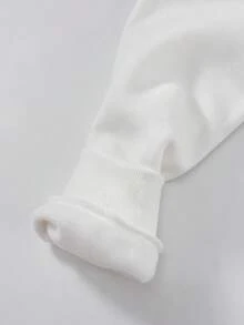 SHEIN 青少年女孩簡約清新風白色連帽衛衣，柔軟蓬鬆面料，正面黑色花卉熱轉印圖案，精緻吸睛連帽內裡黑白直條紋花卉印花，羅紋袖口與下擺，寬鬆落肩版型，加厚單件，適合日常通勤、校園、出遊，秋冬穿著 - 白色 - 查看 6