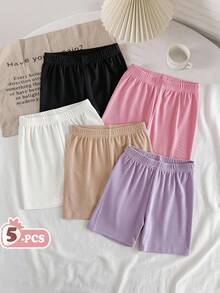 Vintaside Kids Conjunto de 5 piezas de shorts básicos de verano para niñas, acanalados, multicolor, sencillos, versátiles y casuales, adecuados para tiempo de ocio, uso diario y salidas - Multicolor - Ver 1