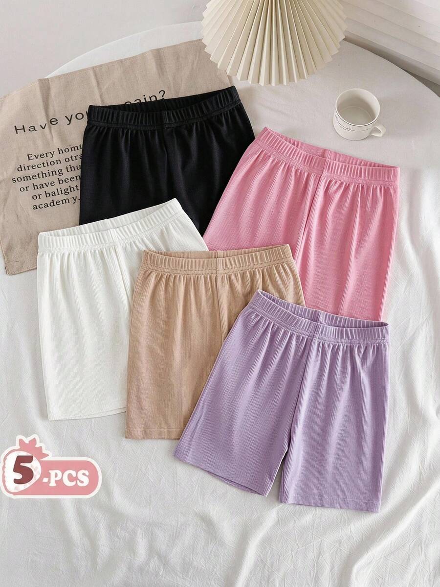 Vintaside Kids Conjunto de 5 piezas de shorts básicos de verano para niñas, acanalados, multicolor, sencillos, versátiles y casuales, adecuados para tiempo de ocio, uso diario y salidas - Multicolor - Ver 1