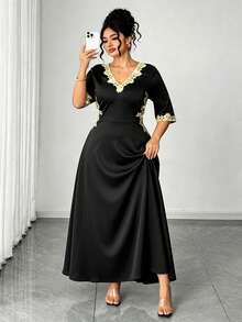 Elenzga Elegant Gold Trim V-Neck Cinched Waist Short Sleeve Plus Size Women's Dress - Black - View 3