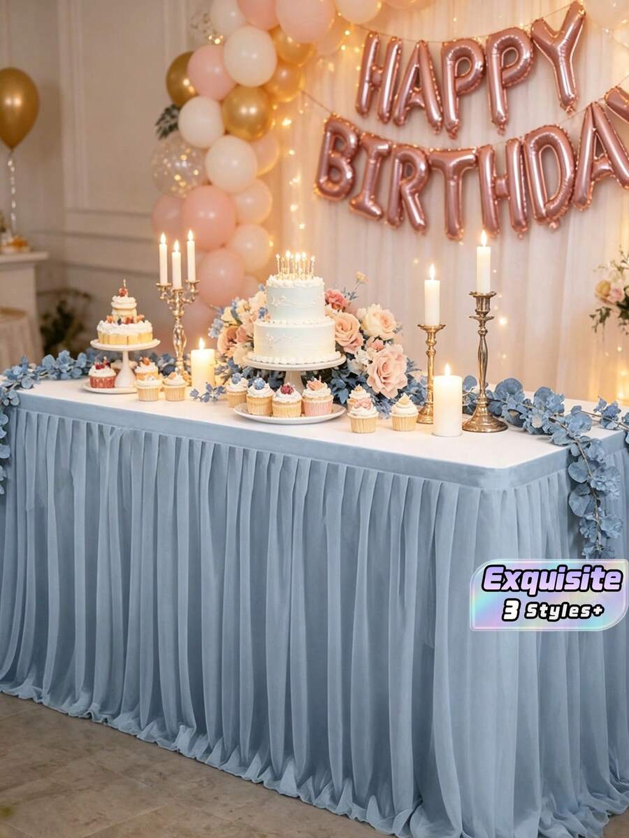 霧藍色桌巾,適用於長方形與圓形餐桌,適合裝飾生日派對、婚禮、新娘派對及蛋糕桌 - 均碼 - 查看 1