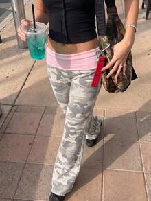 Muchica 休閒極簡復古迷彩灰色拼接配色女款百搭日常長褲，秋季長褲，適合上班、聖誕節、Y2K風格 - 彩色 - 查看 3