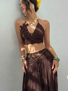 Aloruh Women's 3D Floral Decor Halter Top And Skirt Knit Two Pieces Set - Coffee Brown - View 5