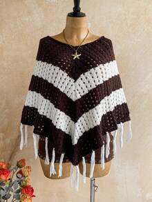 Soleia Selendang Rajut Wanita Motif Garis Cokelat Blok Warna dengan Rumbai di Bagian Bawah, Cocok untuk Liburan Musim Panas Gaya Boho. - MultiWarna - View 6