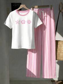 Comfortcana Setelan Kasual Liburan 2 Potong: Kaos Leher Bulat Warna Pink Motif Kerang dan Celana Panjang Garis Vertikal Asimetris, Pakaian Rumahan Cocok untuk Musim Semi dan Musim Panas - MultiWarna - View 4