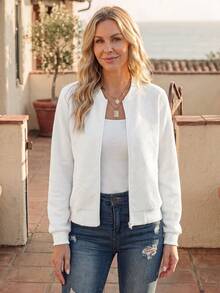EMERY ROSE Solid Zip Up Bomber Jacket Fall Winter Cloth For Women - White - View 3