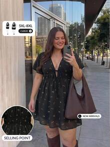 SHEIN CURVE+ 大尺碼V領A字裙擺荷葉袖洋裝，黑色波希米亞風旅行度假休閒教堂教師穿搭泡泡裙，優雅夏季 - 彩色 - 查看 1