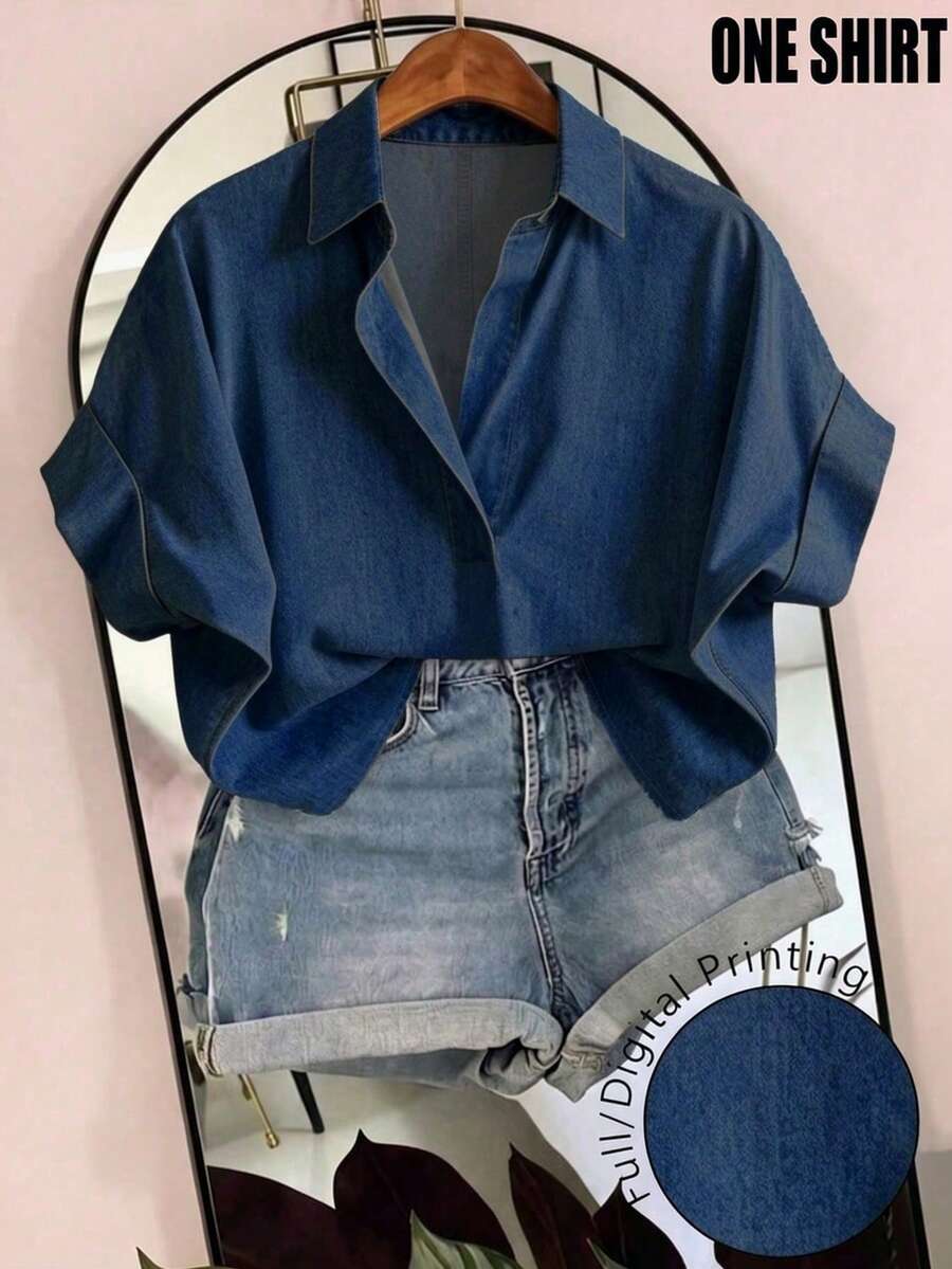 EMERY ROSE Camisa azul profundo con pliegue para vacaciones en talla grande - Multicolor - Ver 1