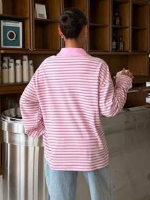 Muchica Pink Striped Thick And Comfortable Knitted Women's Polo Collar Long-Sleeved T-Shirt, Casual Top, Perfect For Back-To-School Season. - Pink - View 2