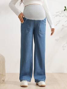 SHEIN Adjustable Waist Casual Daily Straight Leg Denim Jeans For Pregnant Women - Medium Wash - View 1