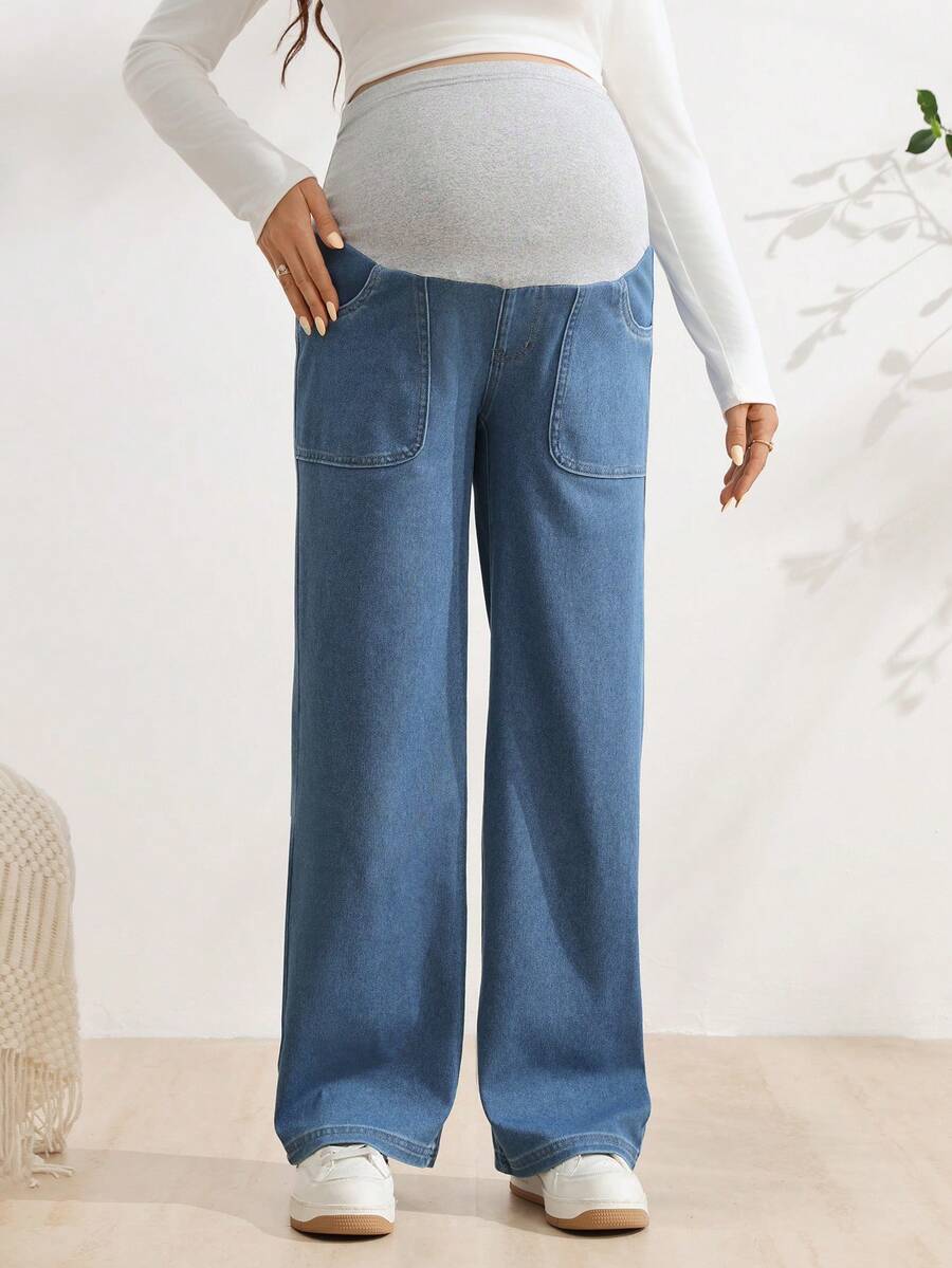 SHEIN Adjustable Waist Casual Daily Straight Leg Denim Jeans For Pregnant Women - Medium Wash - View 1
