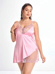 Slumbrini Rosa besticktes Satin-Nachthemd mit tiefem V-Ausschnitt, Schlitz, Bindegürtel an der Taille, figurschmeichelndem Schleifenmuster, romantisch-pastoral, Große Größen - Pink - Übersicht 4