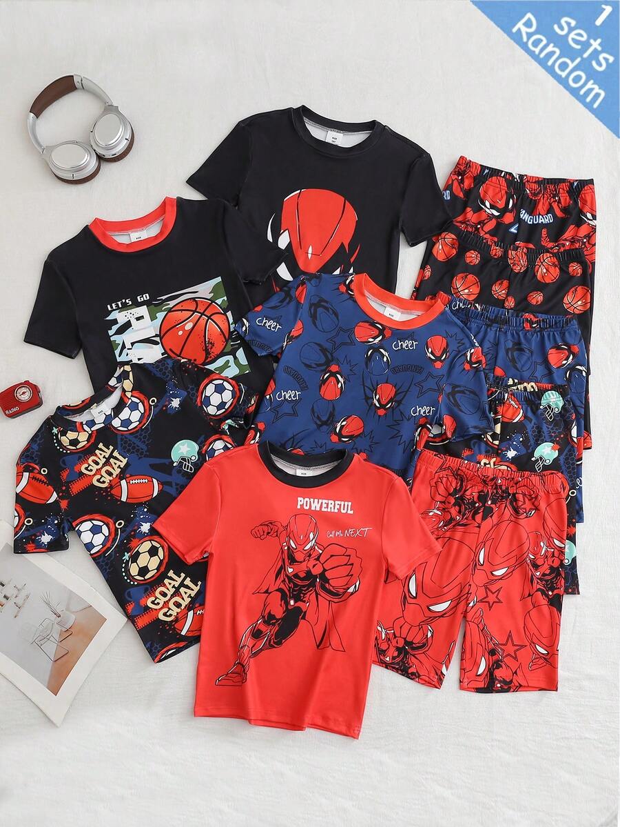 [5 Sets Randomly Sent 1 Set]2pcs/Set Boys' Game Console Personalized Football Funny Number Pattern Round Neck Knitted Short Sleeve Shorts Tight Fit Loungewear Set, Spring/Summer Round Neck Short Sleeve Shorts Skin-Friendly Soft Fabric, Suitable For Home And Outings - Multicolor - View 1