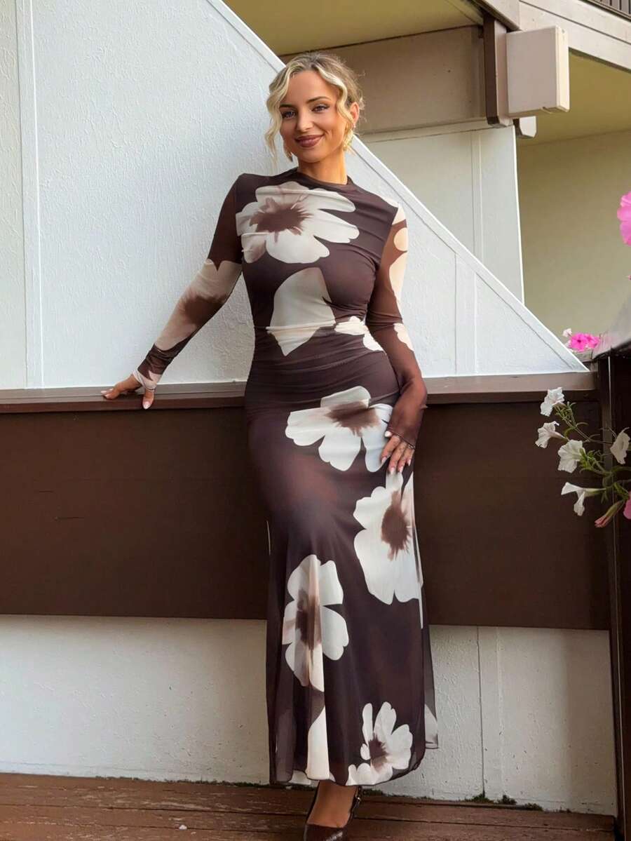 Jeta Ari Gaun Pesta Lengan Panjang Bermotif Bunga Jala Hitam Model Pas Badan untuk Musim Gugur/Dingin Terbaru yang Elegan
