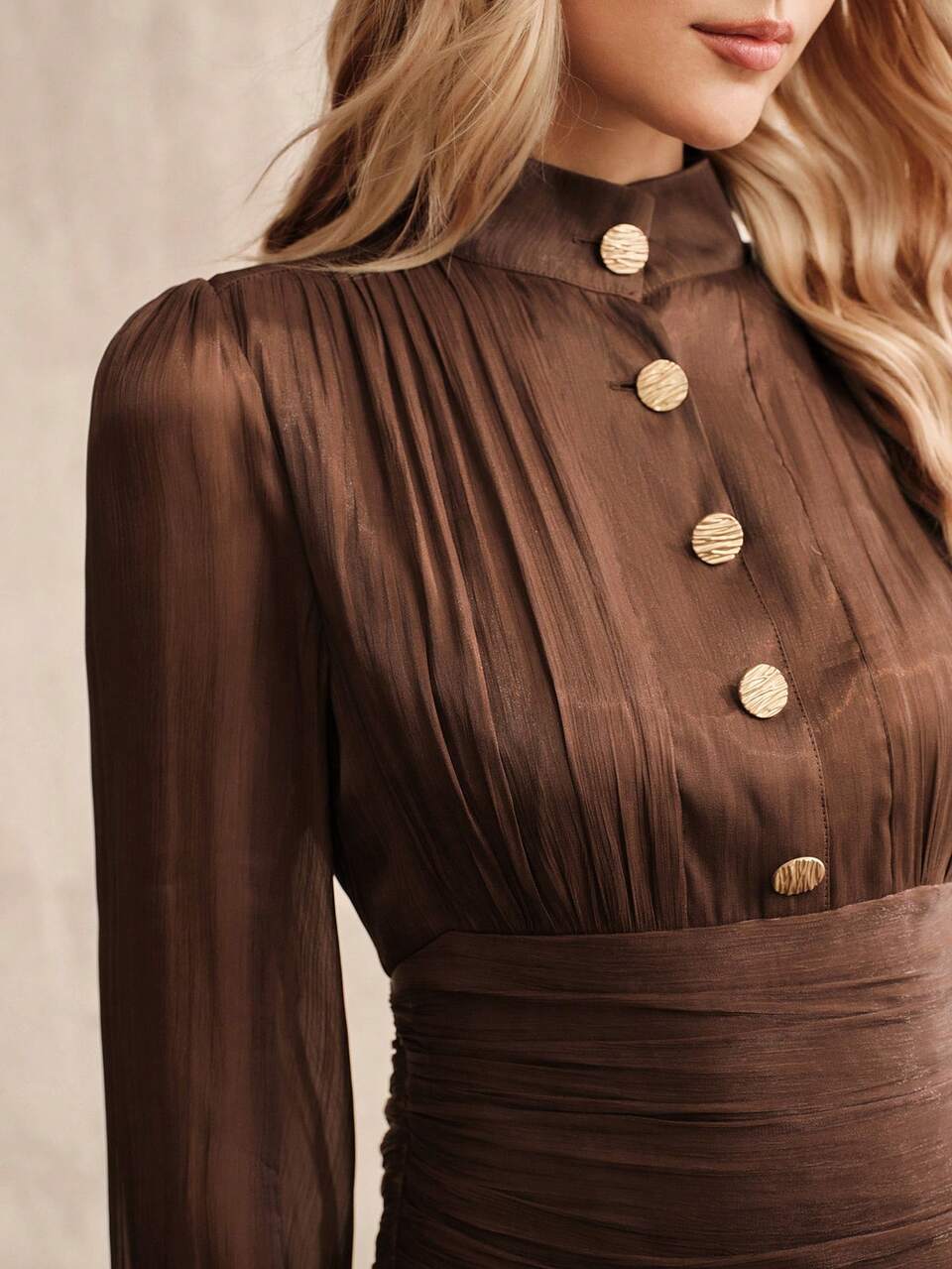 New Elegant Women's Small Stand Collar Metal Button Decor Long Sleeve Waist-Cinching A-Line Brown Dress, Holiday Outfit, Party Wear
