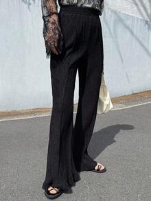 DAZY Women's Fashion Versatile Textured Elastic Waist Ruffle Hem Long Pants - Black - View 2