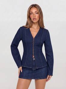 Avantive Women's Long Sleeve Front Button Fashion Denim Top - Dark Wash - View 2