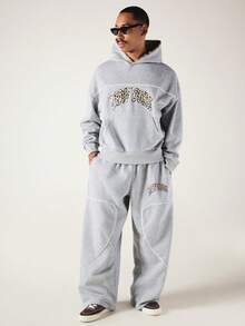 SUMWON Wide Leg Sweatpants With Leopard Print New York Applique Contrast Piping Elasticated Drawstring Waist Fleece Jogger Bottoms - Grey - View 4