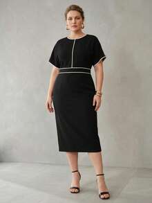MOTF PREMIUM PLUS SIZE ELEGANT BLACK & WHITE CONTRAST TRIM DESIGN WOMEN MINIMALIST PRACTICAL MID-LENGTH DRESS - Black and White - View 6