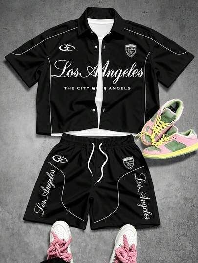 Chillumni Men's Letter Print Single-Breasted Short Sleeve Shirt And Shorts Casual Daily Set