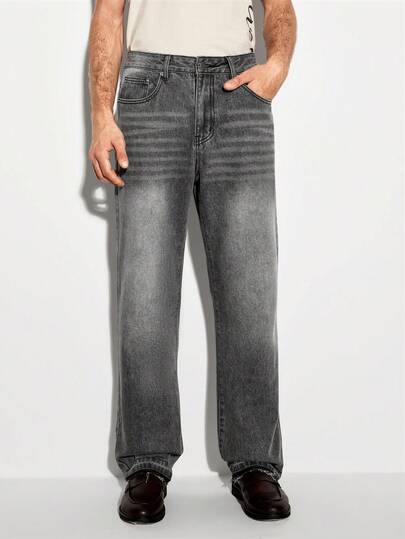 Colvenic Men's Vintage Grey Washed Wide Leg Jeans, Frayed Hem Cat Whisker Bootcut Denim Pants, Distressed Casual Streetwear