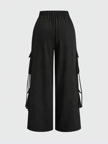 POPSWAY Plus Size Women's Multi-Pocket Corduroy Casual Western Straight Leg Cargo Pants, Autumn/Winter Fall Airport Formal Black - Black - View 2