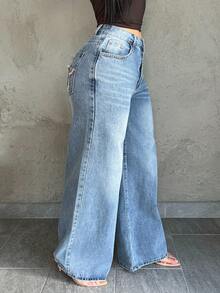 Dayanna Comas Women's Star Pocket Decor Straight Leg Jeans, Casual Street Style Fall - Light Wash - View 5
