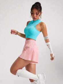 Easithlete 女款純色彈性腰鬆寬百褶運動短褲 - 粉色 - 查看 3
