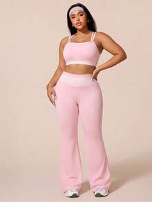SHEIN Rhythm Era Plus Size Women's Spring/Summer Sports Set, Patchwork Polka Dot Print Sports Bra Removable Padding, Mid-Waist Sports Shorts, Gym Light Pink - Pink - View 5