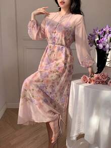 Modelyn Summer Fashion Round Neck Long Sleeve Chiffon Placement Print Fitted Flared Dress Date Night Bridal Party Wedding Dusty Pink Wedding Elegant - Multicolor - View 5