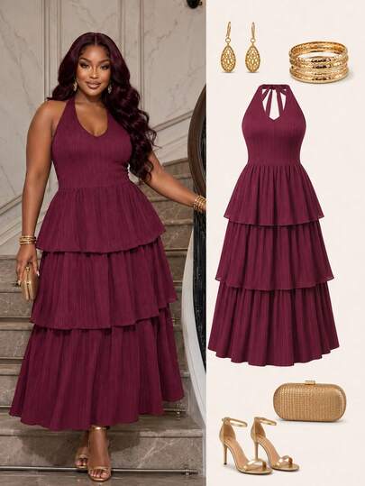 Poshavie Poshavie Plus-Size Elegant Long Dress, Halter Neck Multi-Tiered Cake Skirt, Elastic Waistband