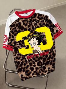 Betty Boop x SHEIN Plus Size Women's Leopard Print Short Sleeve T-Shirt, All-Over Print, Casual Summer Chocolate Brown - White - View 1