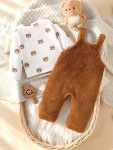Souflis Unisex Infant Bear Embroidered & Printed Plush Overalls With Bear Pattern Long Sleeve Top - Coffee Brown - View 4