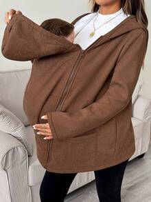 SHEIN Maternity Casual Thermal Lined Hooded 3-In-1 Jacket,Brown 3-In-1 Fleece-Lined Maternity Jacket For Autumn/Winter-Suitable For Various St - Brown - View 4