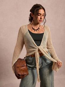 Freevana Plus Size Women's Lace-Up Ruffle Cuff Knit Cardigan Fall - Apricot - View 4