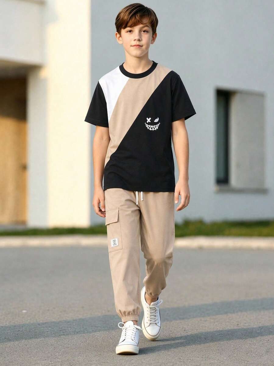 SHEIN 青少年男孩 2件組休閒拼色印花圓領短袖上衣褲子套裝