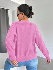 EURMUSE Women's Solid Color Drop Shoulder Cardigan - Hot Pink - View 2