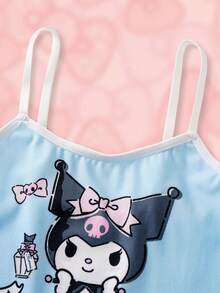 HELLO KITTY AND FRIENDS | SHEIN Set Pakaian Kasual Sehari-hari untuk Remaja Perempuan: Atasan Camisole Motif Kartun Huruf dan Celana Dalam Hipster - Biru - View 3