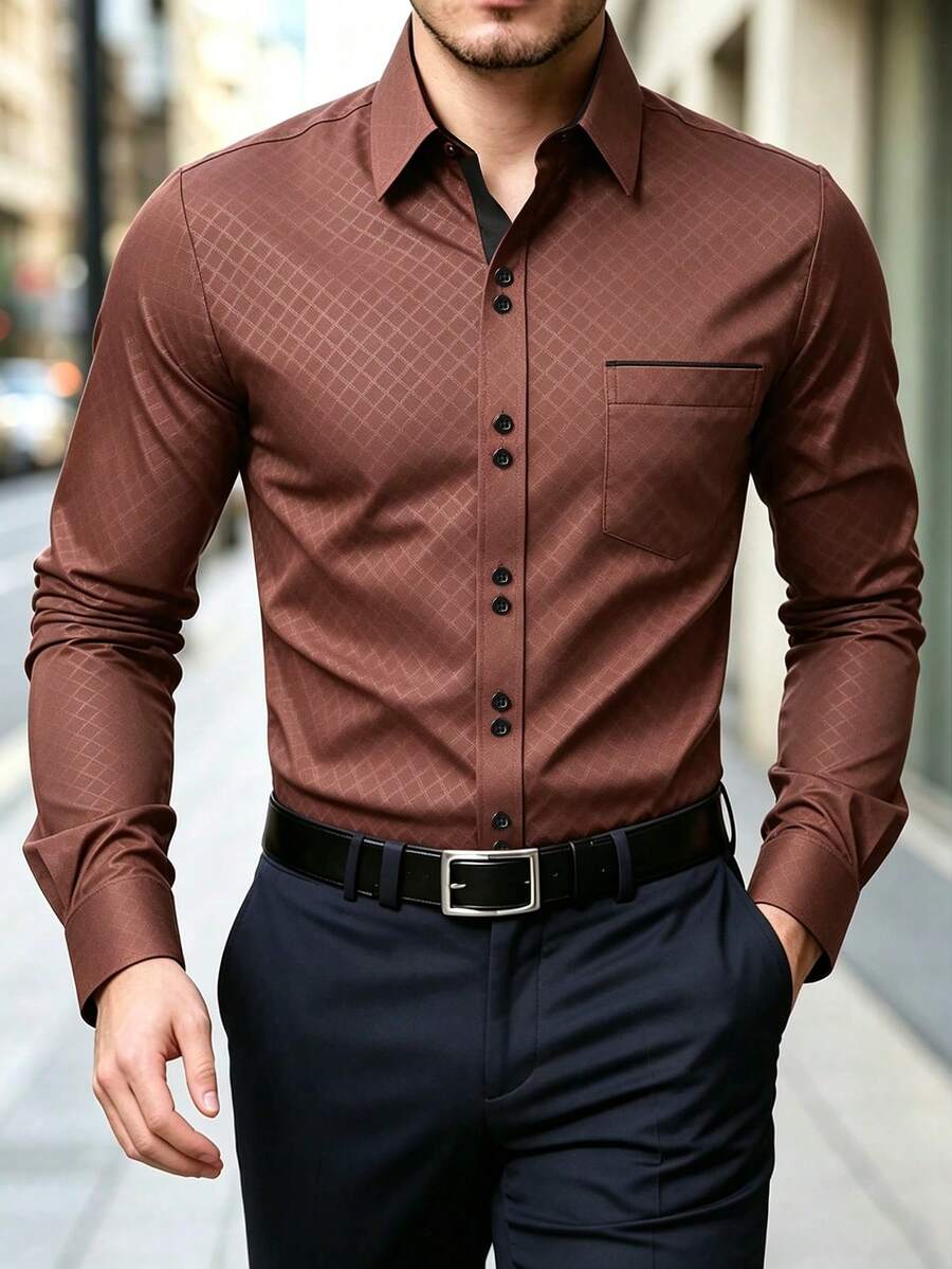 Manfinity Mode Men's Formal Casual Streetwear Versatile Commute Striped Patchwork Long Sleeve Shirt - Brown - View 1