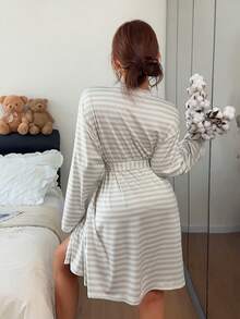 Napfluff Striped Women's Lace Patchwork Nightgown Robe - Multicolor - View 3