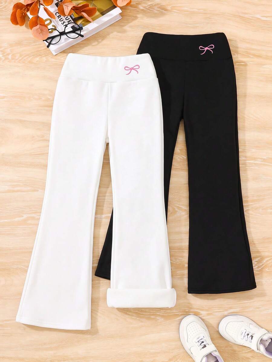 SHEIN Tween Girl 秋季/冬季休閒百搭保暖內裡加厚羅紋喇叭高腰長褲 2件組 - 彩色 - 查看 1