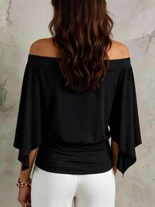 SHEIN LUNE French Style Flowy Cape Sleeve Off-Shoulder T-Shirt - Black - View 2