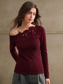 Anewsta Women's Autumn/Winter 3D Floral Embroidered Beaded Rhinestone Fitted Skin-Friendly Cold Shoulder Asymmetric One-Shoulder Knit T-Shirt Top - Red Violet - View 6