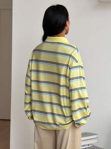 Coolane Women' Fall Vintage Streetwear Casual Preppy Homecoming Daily Wear Basic Butter Yellow Striped Lapel Oversized Long Sleeve Polo T-Shirt - Yellow - View 8