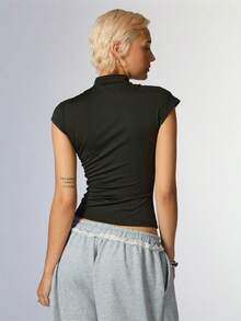 COUREZ Cap Sleeve Cut Out Jersey Top, Y2K Autumn Going Out Black Top - Black - View 3
