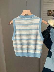 SHEIN EZwear 優雅藍白條紋針織短版背心，軟妹風 Y2K 復古，適合約會、校園、度假 - 彩色 - 查看 2