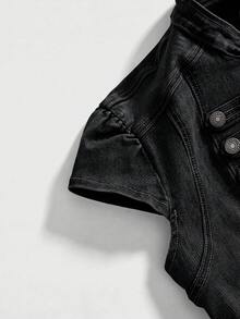 ROMWE Grunge Punk 夏季音樂節穿搭復古龐克風海軍藍鈕扣設計短版牛仔背心上衣 - 黑色 - 查看 4