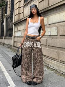 Coolane 女款春夏街頭風外訪夜生活演唱會 Y2K 休閒復古水洗寬腿牛仔褲 豹紋低腰棉質香蕉哈倫褲 - 咖啡棕 - 查看 7